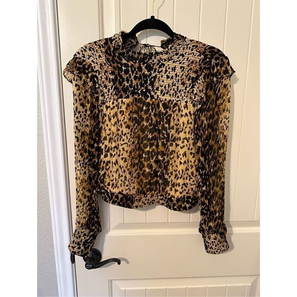 Free People Leopard Roma Mock Neck Tie Detail Smocked Top Size Small OB1069086 - Picture 5 of 11